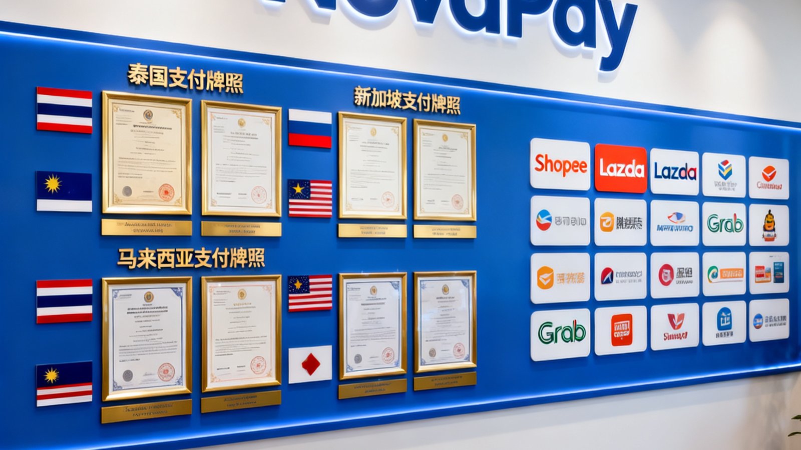 NovaPay跨境支付平台在东南亚市场的品牌展示墙，包含多国支付牌照证书和合作商户Logo墙
